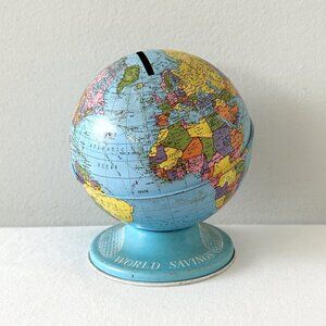 Vintage WORLD SAVINGS Tin Lithograph Globe Coin Bank With Stopper